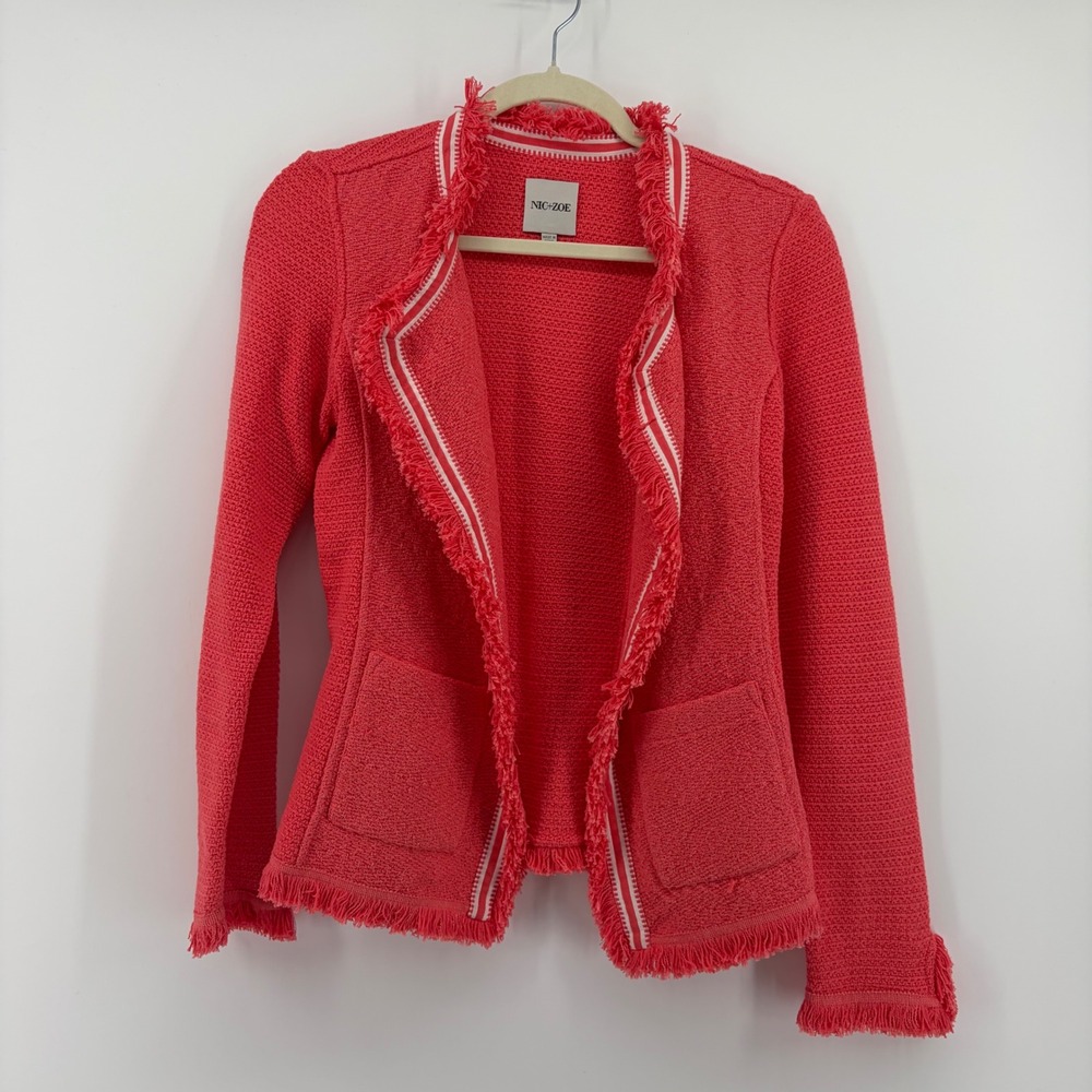 NIC+ZOE Womens XS Coral Pink Knit Jacket Fringe Trim Open Front Textured